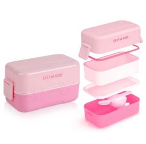 Eazy Kids Double Decker tic-tac-toe Lunch Box w/ Bento Compartment Splitter Sauce Box and Spoon-Pink (1200ml)