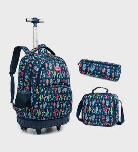 Eazy Kids - 18" Set of 3 Trolley School Bag Lunch Bag & Pencil Case Cacti - Blue