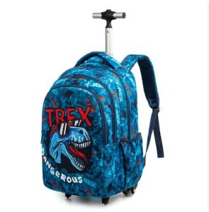 Eazy Kids - 18" Set of 3 Trolley School Bag Lunch Bag & Pencil Case Trex Dinosaur - Blue