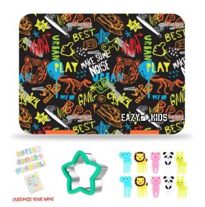 Eazy Kids 6 & 4 Convertible Bento Lunch Box wt Sandwich Cutter Set - Dino Bro - Black