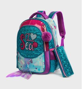 Eazy Kids-17" School Bag Lunch Bag Pencil Case Set of 3 Mermaid Sea - Green