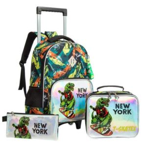 Eazy Kids - 16" Set of 3 Trolley School Bag- Lunch Bag & Pencil Case New York Dinosaur - Green