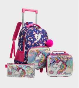 Eazy Kids - 16" Set of 3  Trolley School Bag Lunch Bag & Pencil Case Unicorn Chrome - Blue