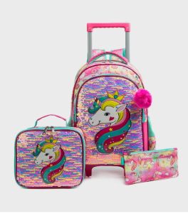 Eazy Kids - 16" Set of 3  Trolley School Bag Lunch Bag & Pencil Case Unicorn  - Pink